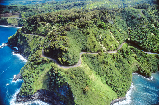 aerial view of Hana Highway winding along the coast of Maui