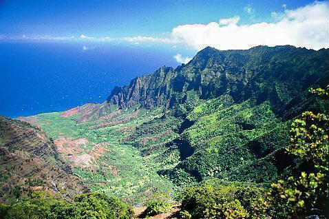 view of the Hawaiian Valley and Na Pali coast from Kalalau Lookout