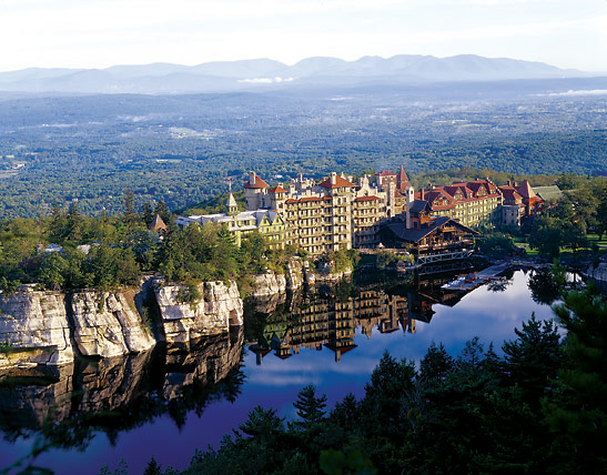 aerial view of the Mohonk Mountain House and lake