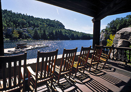 a row of rocking chairs at a gazebo overlooking the lake, Mohonk Mountain House