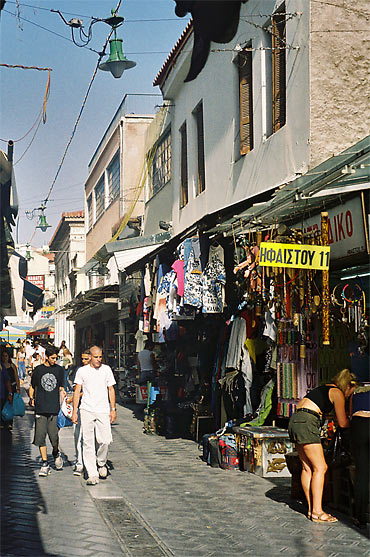 shops along a street in Plaka, Athens