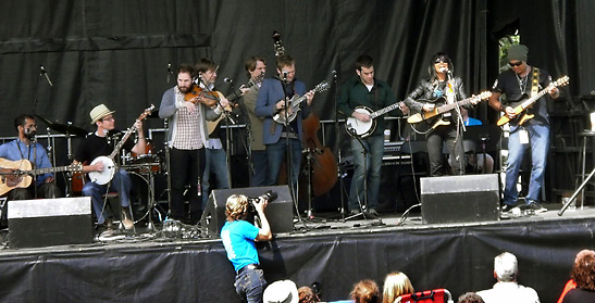 the Tryst 'n Shout workshop with Buffy Saint-Marie and the Punch Brothers onstage at the Calgary Folk Fest