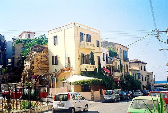 houses built astride ruins in Chania