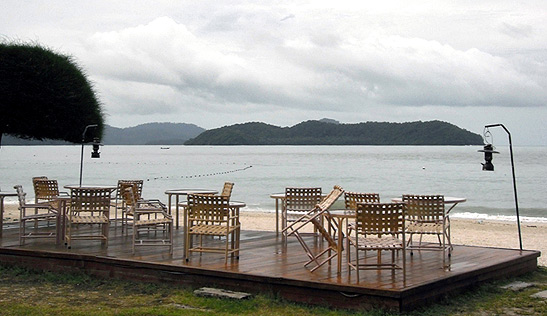 beach restaurant at Pelangi Resort with islands in the background, Langkawi