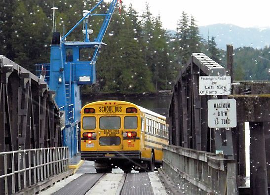 yellow school bus boarding ferry to Prince Rupert