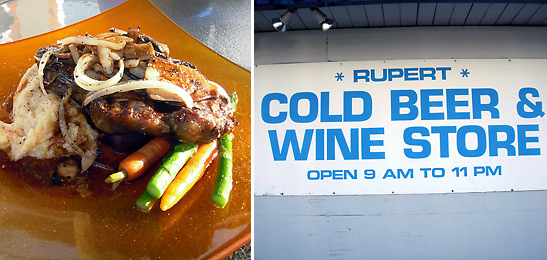 left: gourmet bison at a restaurant; right: sign at a liquor store