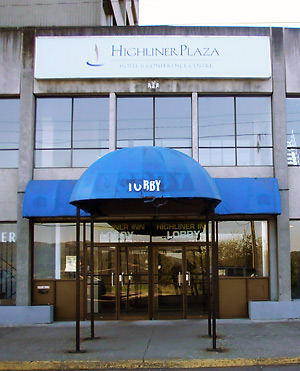 blue awning extending into sidewalk, front of the Highliner Inn, Prince Rupert