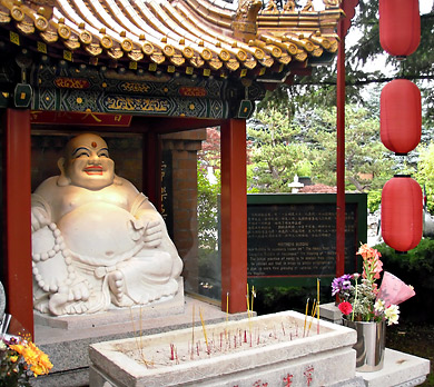 a happy Buddha statue at the International Buddhist Temple, Richmond, BC