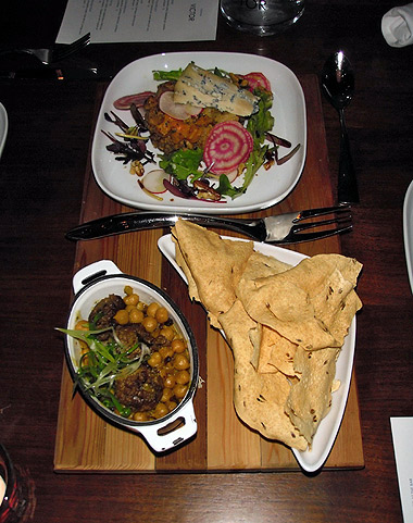 spiced goat kabob, nan bread and roasted acorn squash salad with walnuts and blue cheese