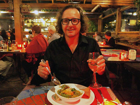 the writer dining at Robin's Restaurant, Cambria