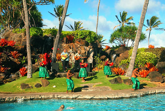 dancers performing the E Komo Mai at the Kauai Beach Resort