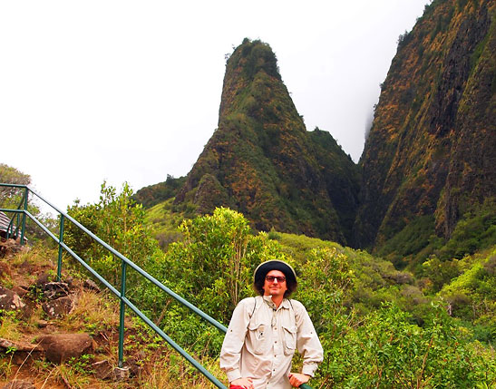 the writer with the 1,200 ft. Iao Needle in the background