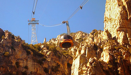 Palm Springs Aerial Tram car climbing up the rocky face of Mt. Jacinto