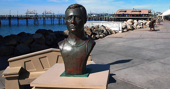 bust of George Freeth, the country's first surfer, at the Fisher Wharf, Redondo Beach