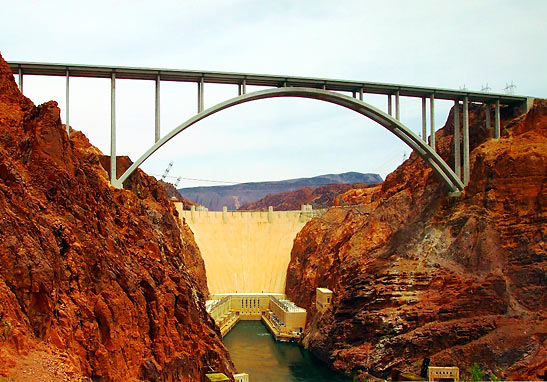the Mike O'Callaghan-Pat Tillman Memorial Bridge with Hoover Dam in the background
