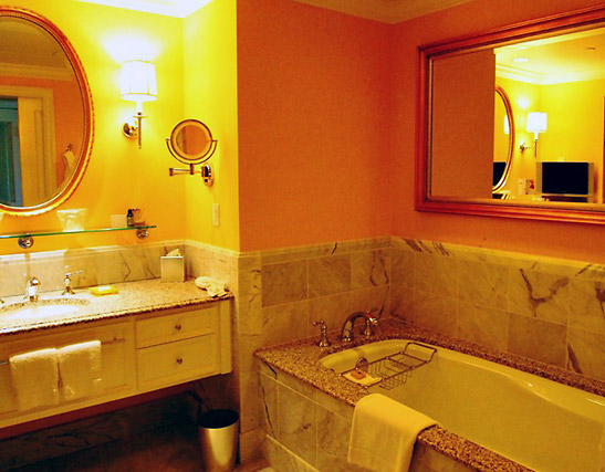 marble-rich bathroom at the writer's 5th floor room at the Four Seasons Hotel, Westlake Village