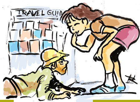 cartoon: weary driver on floor with girl standing over him