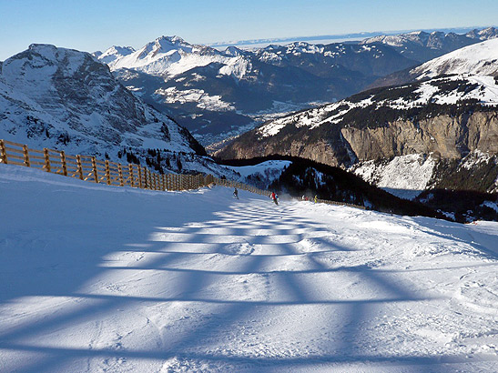 looking down a ski slope at Les Portes du Soleil, Switzerland