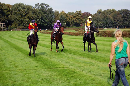 a trio of horses and riders, Hoppegarten Racetrack