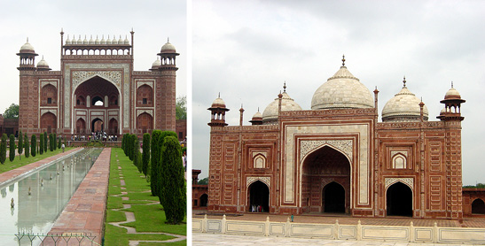 the main gate and a red sandstone building, the Taj Mahal complex