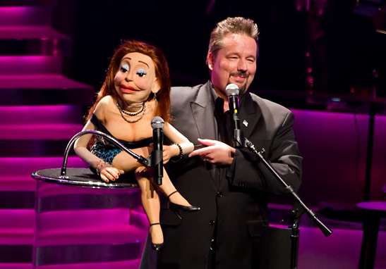 ventriloquist Terry Fator performing with one of his puppets at the Mirage, Las Vegas