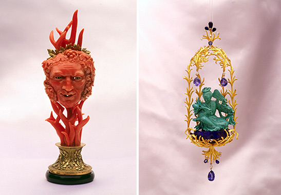 jewelrey pieces at the Headley Whitney Museum: a coral mask of Bacchus with gold grapevines and a birdcage with a Chinese woman in turquoise with lapis lazuli, diamonds and sapphires