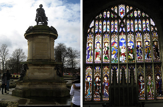 statue of William Shakespeare and window of church where he was buried