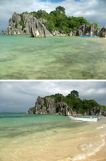 two pictures of the limestone rock cluster at Sabitang Laya with a sandy beach in the foreground
