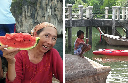 Thai woman with watermelon on boat; Thai boy at pier