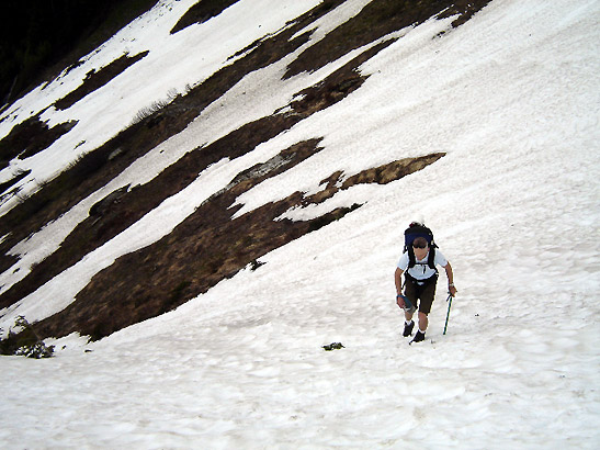 hiking up a steep slope