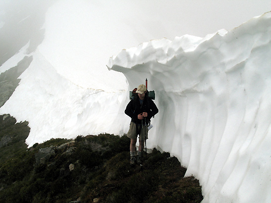 under cornice on ridge