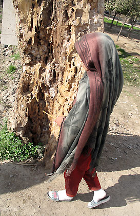 Afghan girl walking beside tree