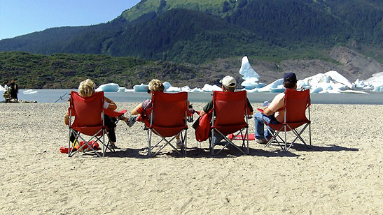 tourists relaxing at the Mendenhall Glacier