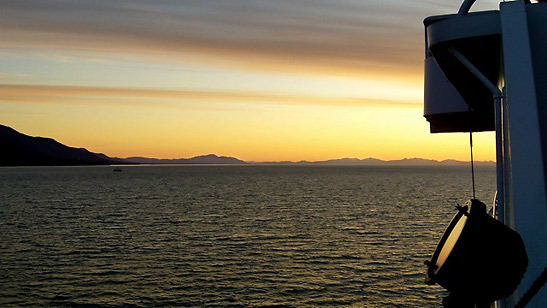 sunset scene viewed from an Alaska Marine Highway ship