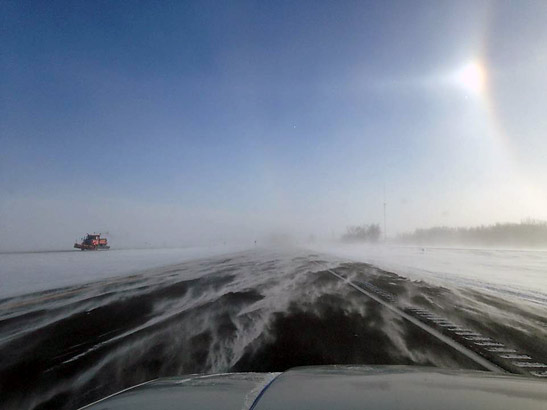 blizzard on road ahead, North Dakota