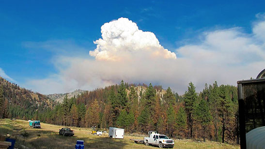 fire cloud looming over the Little Queens fire, Atlanta, Idaho