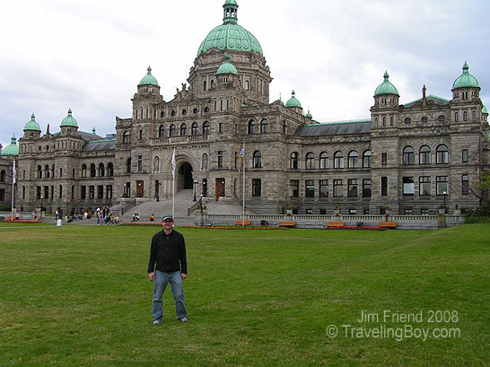 the author's friend, Jeremy, posing in front of the Parliament Building