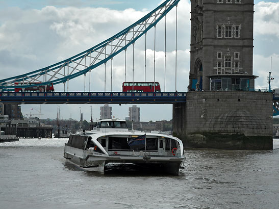 Thames Clipper departing the Pier with the London Tower Bridge in the background