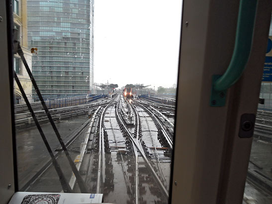 view from the front part of a Docklands Light Railway train