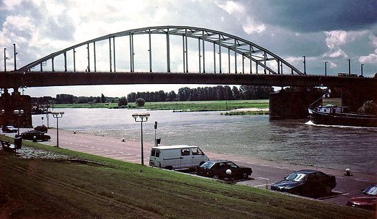 bridge over the Nederrijn River at Arnhem, site of an Operation Market Garden battle in 1944, World War 2