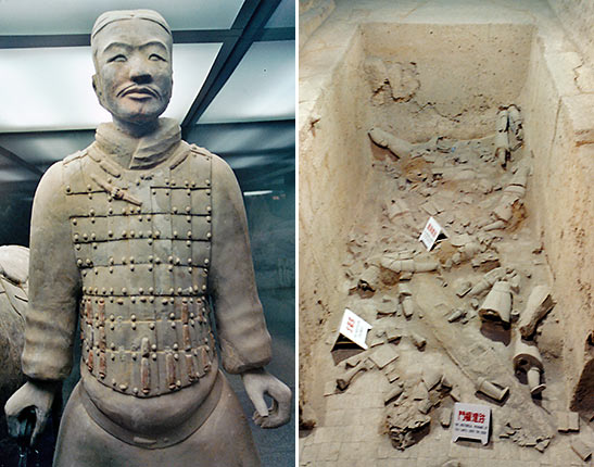 closeup of a reconstructed terra cotta warrior and pieces of others yet to be pieced together