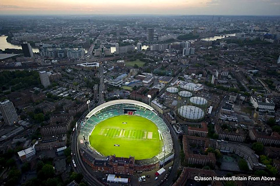 aerial shot of the Oval cricket pitch in South London at night