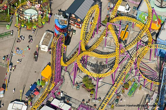 aerial view of a rollercoaster at an amusement park in Southend-on-Sea