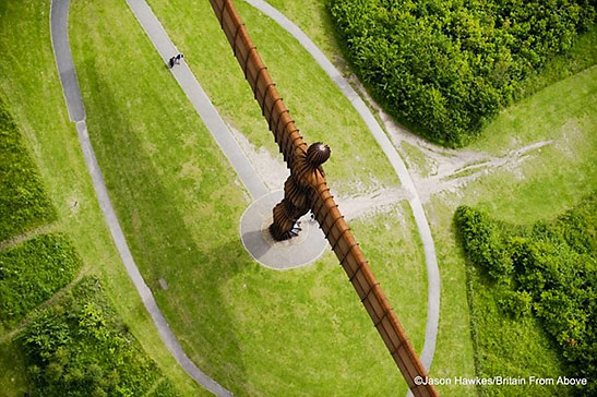 aerial shot of Anthony Gormley's Angel of the North sculpture in Gateshead