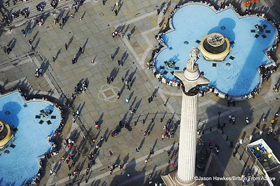 a view looking down on Nelson's Column in London 's Trafalgar Square