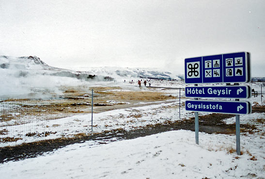 sign showing directions to the Geyser Museum or Geysisstofa, Reykjavik