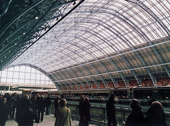 arched glass and steel roof of the St. Pancras station, London
