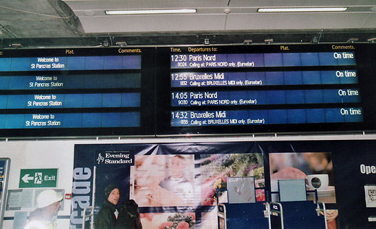the arrival and departure billboard at the St. Pancras station