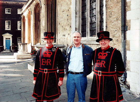 the writer with two of the Tower of London's Beefeaters