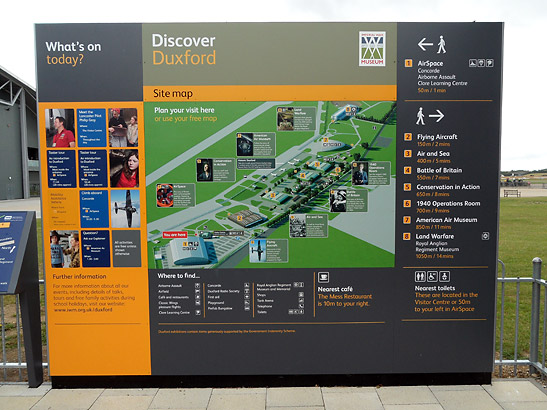 welcome sign and site map at the Imperial War Museum, Duxford, London